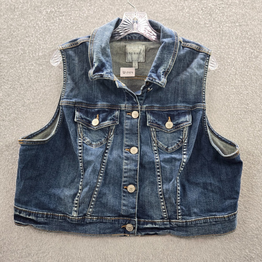 TORRID Women Jacket 1 Blue Denim Vest Button Up Pocket Sleeveless Cotton Spandex
